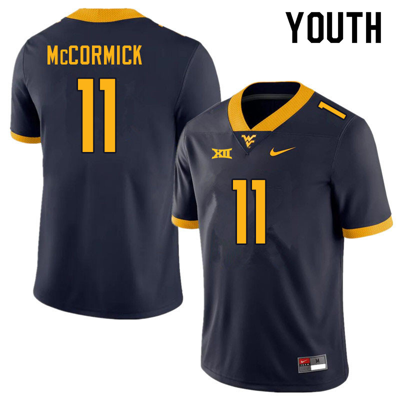 Youth #11 Wesley McCormick West Virginia Mountaineers College Football Jerseys Sale-Navy - Click Image to Close